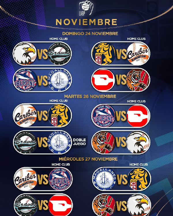 calendario beisbol de Venezuela 2024 -2025 caracas magallanes monumental desde el 24 al 27 de noviembre