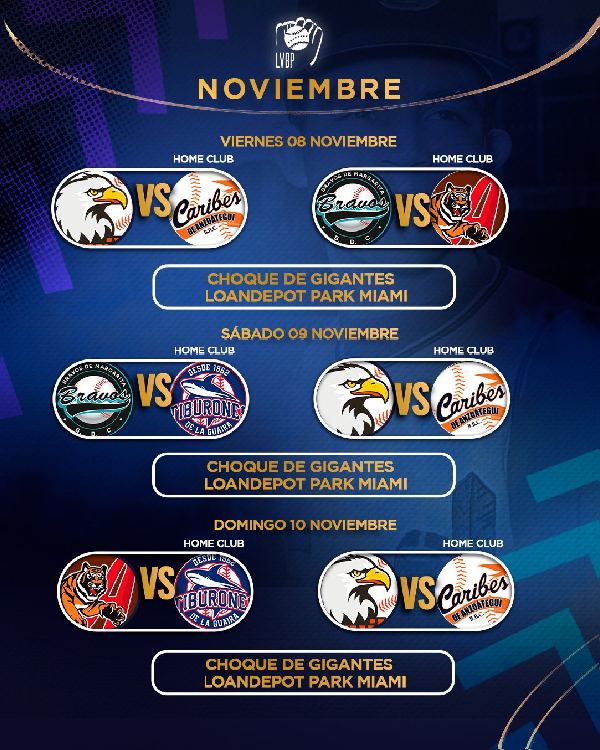 calendario lvbp 2024 -  2025 juegos del 8 al 10 de noviembre