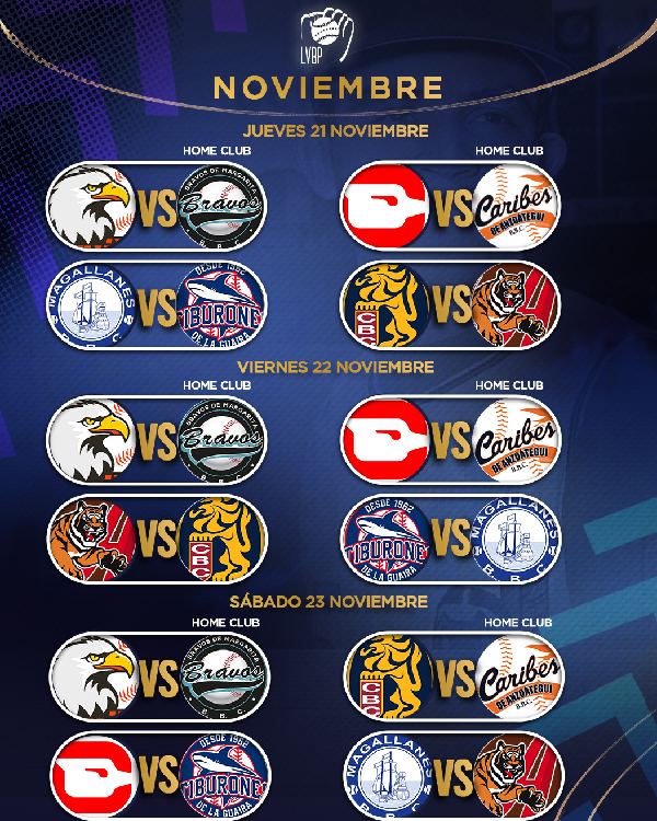 calendario lvbp 2024 - 2025 partidos de noviembre desde el 21 al 23