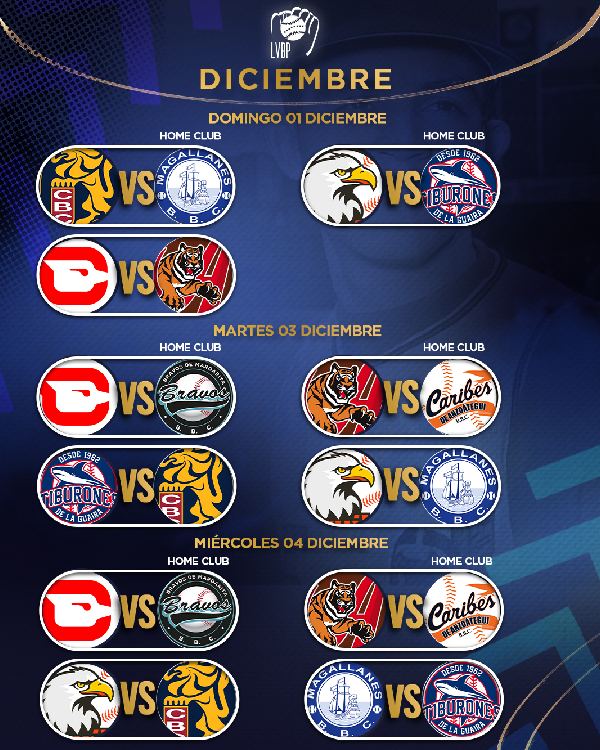 calendario lvbp juegos desde el 1 al 3 de diciembre 2024 - 2025 caracas magallanes valencia