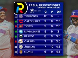 tabla de posiciones de la LVBP jornada del 1 de noviembre 2024 tiburones primero magallanes cuarto y bravos quinto en el beisbol venezolano